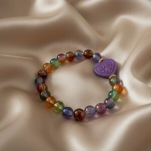 Purple Heart Glass Stretch Bracelet Multicolor Crackle Glass Gold Tone